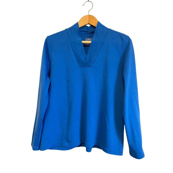 L.L Bean Pima Cotton knit top tee long sleeve high collar v-neck blue Size L - Picture 1 of 3